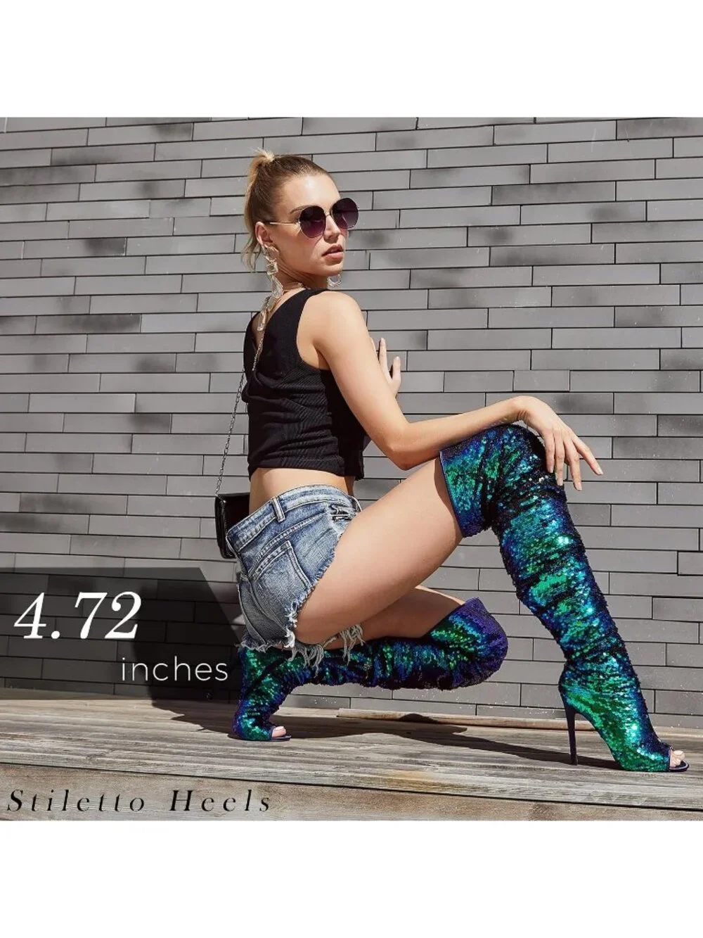 Women's Blue Leather Sparkly Peep Toe Stiletto Heel Thigh High Boots